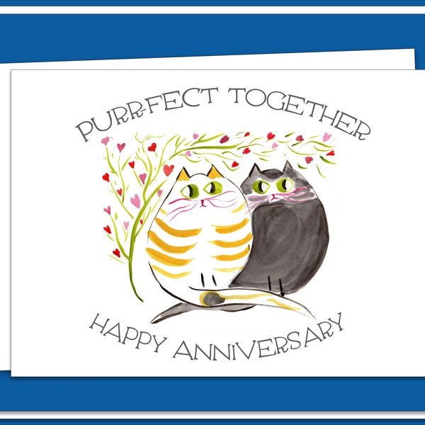 Tarjeta de aniversario - "Kitty Love" - Pareja de gatitos dulces bajo el árbol de corazones - Lindo arte original - Opciones PERSONALIZADAS