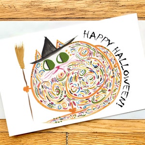 Tarjeta de Halloween - Gato Brujo - Arte Original - Personalizable - Tarjeta de Gato Lindo - Amante de los Gatos Halloween - Nombre: Margaret