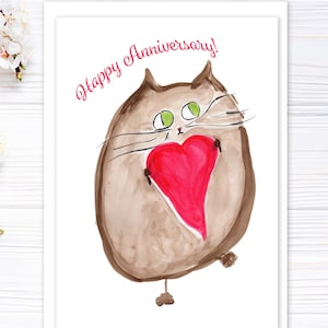 Tarjeta de aniversario - Sweet Brown Love Kitty con corazón - Del arte original - Opciones PERSONALIZADAS