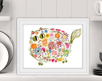 Mid-century Modern Retro Cat Print - Flower Power Kitty