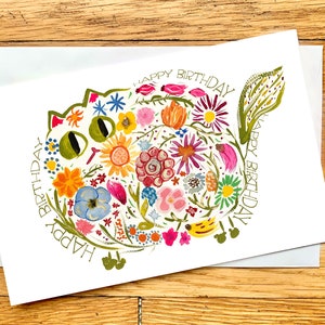 Cartão de aniversário digital - Cartão para impressão - Gato de flores retrô moderno de meados do século - Cartão de gato fofo - Impressão em aquarela original