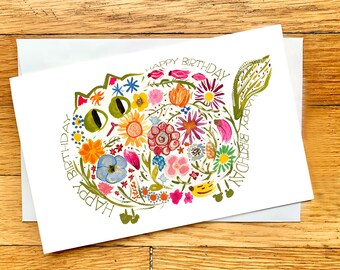 Digital Birthday Card - Printable Card - Mid-century Modern Retro Flower Cat - Cute Cat Card - Original Watercolor Print