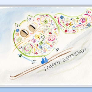 Carte d’anniversaire de chat de ski de neige - Personnalisable - Carte d’amant de chat mignon - Carte d’anniversaire des Jeux olympiques de sports d’hiver - Carte de chat bleu - Nom : Heidi