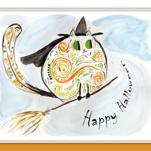 Cute Halloween Card - Custom Message - Cat Halloween Card - Witch Cat Halloween Card - Happy Halloween