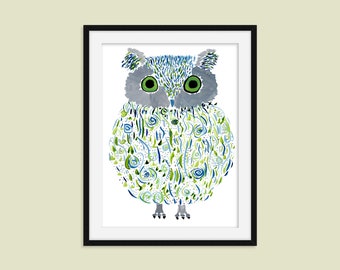 Owl Print - Original Watercolor Art Print - Magical Owl Wall Decor - Name: "Ollie"