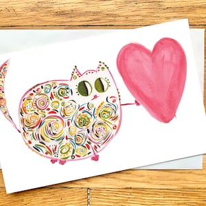Cartão de gato personalizado - Gato doce, caprichoso e colorido com coração (Clara) Cartão para todas as ocasiões - Dia das Mães, Dia dos Namorados, Aniversário, Eu te amo