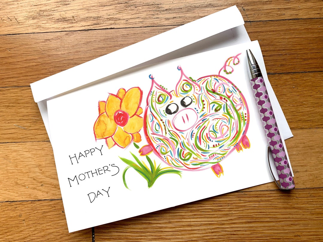 Mother's Day Card - Petunia Pig - Cute, Whimsical, Colorful Pig With ...