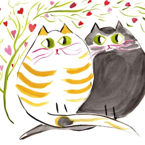 Carte chat mignon - Carte d’art originale - « Kitty Love » - Sweet Kitty Couple Under Tree Of Hearts - Options PERSONNALISÉES