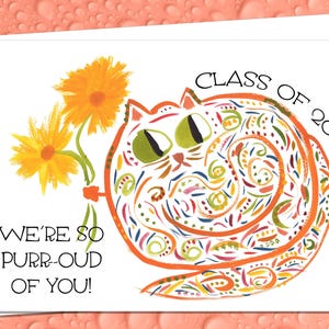 Cartão de formatura 2025 - Gato caprichoso com flores - Opções personalizadas