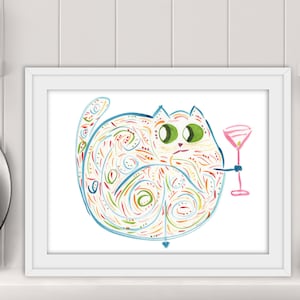 Cat With Cocktail - Quirky Whimsical Watercolor Print - Original Cat Art - Name: &quot;Hattie&quot;