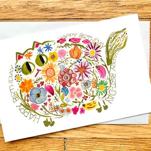 Birthday Card - Retro Flower Cat - CUSTOM Message - Cute Cat Card - Original Art Card