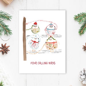 Tarjeta de Navidad digital divertida - Cuatro pájaros llamando - Descarga digital - Tarjeta navideña amante de los pájaros - Tarjeta de doce días de Navidad