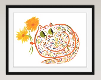 Cat Art Print - Whimsical Orange Cat - Original Watercolor Print