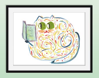 Funny Cat Art Print - Cat Bookworm Reading Of Mice and Men - Book Lover Gift - Name: &quot;Roxann&quot;