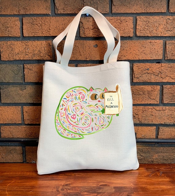 Canvas Tote With Cat Reading to Kill A Mockingbird Book Bag With Original  Art Whimsical Reusable Grocery Bag - Etsy