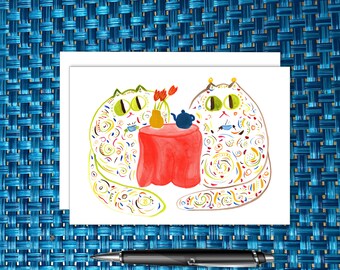 Cute Cat Card - Cat Tea Party - Original Art Card for Mother's Day, Birthday, Thank You - "The Misses Mosses"