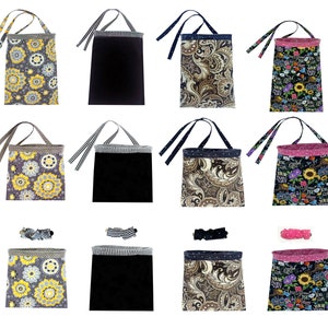 May include: Set of 10 reusable shopping bags with various patterns. The bags are made of fabric and have a black trim. The patterns include floral, paisley, and polka dots. The bags are perfect for carrying groceries, books, or other items.