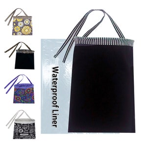 May include: Four different fabric bags with ties, each with a different pattern. The bags are hanging from a white background. The bags are all black with a white stripe around the top. The bags are all about 12 inches tall. The bags are all about 8 inches wide. The bags are all about 4 inches deep. The bags are all made of a soft, durable fabric. The bags are all lined with a waterproof liner. The bags are all perfect for storing small items, such as toys, snacks, or toiletries. The bags are all easy to clean and care for. The bags are all great for travel or everyday use.