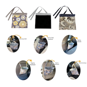 May include: Three different fabric car trash bags with black and white polka dot ties. The bags are shown in three different positions in a car: tied to the gear shift, tied to the side headrest, and tied to the center console. The bags are also shown in three different positions in a car: tied to the backseat, tied to the backseat, and tied to the air vent.