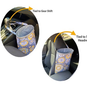 May include: Two images showing a gray and yellow floral patterned fabric trash can. The first image shows the trash can tied to the gear shift in a car. The second image shows the trash can tied to the headrest of a car seat. The text "Tied to Gear Shift" and "Tied to Side Headrest" are written on the images.
