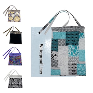 May include: Four reusable cloth bags with different patterns and a waterproof liner. The bags have drawstrings and are perfect for storing small items. The patterns include floral, black, colorful, and a black and white design with the words "Live, Love, Laugh, Learn, Serve, Kind, Peace, Joy, Faith, Trust, God".