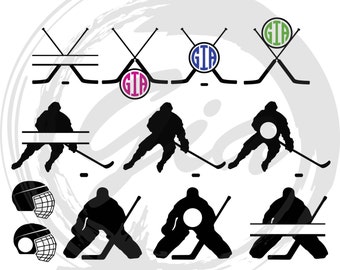 Ice Hockey Monogram SVG, ice hockey silhouettes, hockey sticks monogram,  cut files for Cricut, Silhouette etc, also in png, eps, DXF
