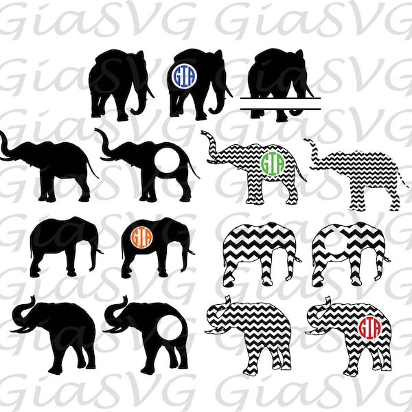 Elephant Monogram SVG, elephant clipart, chevron elephant svg, fichiers prêts à couper pour Criut, Silhouette etc, également en png, eps & DXF