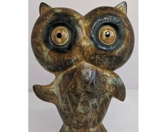 Ceramic Owl Figurine Big Eye Vintage Mid Century Modern Bird Woodland Boho