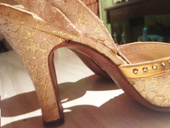 50s Dalsini gold embroidered sling back sandal wi… - image 2