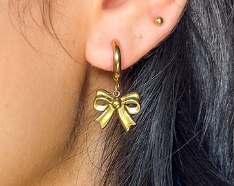 Gold Stainless Steel Huggie Bow Earrings