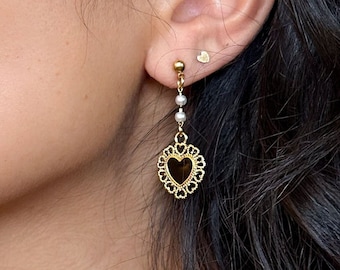 Black Heart Dangle Earrings with Faux Pearl, Valentine's Day Earrings