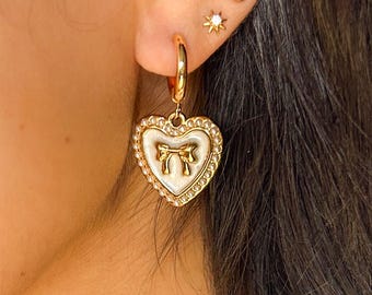 Gold Coquette Sweetheart Bow Pearl Valentine's Day Earrings