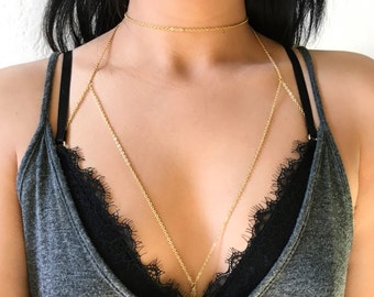 Stainless Steel Choker Chain Bra Body Chain in Gold or Silver, Handmade, Non-Tarnish