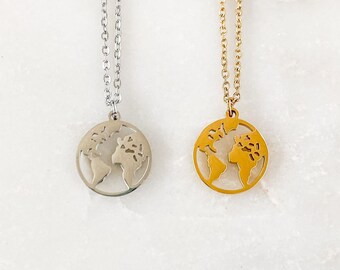 Stainless Steel World Map Charm Coin Necklace - Gold or Silver