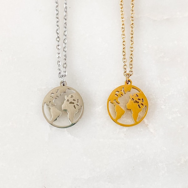 Stainless Steel World Map Charm Coin Necklace - Gold or Silver