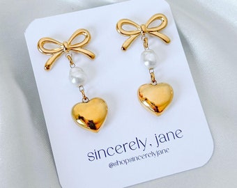 Stainless Steel Gold Bow & Baroque Pearl Puffy Heart Dangle Earrings
