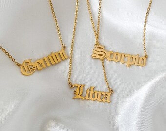 Gold Stainless Steel Zodiac Old English Font Necklace