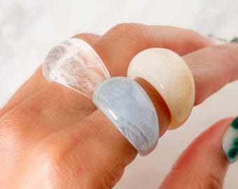 3 Piece Acrylic Resin Ring Set, Smokey Blue-Gray, Smokey Clear, Creamy Opaque (Size 7)