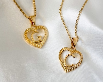 Gold Heart Initial Letter Pendant Necklace