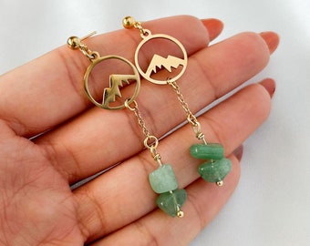 Stainless Steel Snow Peak Mountain Aventurine Stone Dangle Earrings