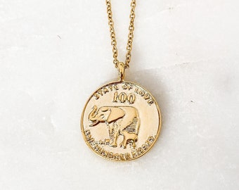 Gold Elephant Coin Medallion Pendant Necklace