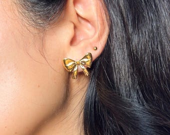 Gold Stainless Steel Ribbon Bow Earrings
