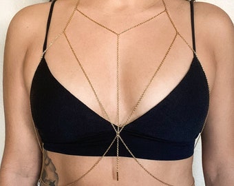 Stainless Steel Plunge Chain Bra Body Chain with Bar Charm in Gold or Silver, Handmade, Non-Tarnish