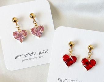 Pink or Red Valentine's Day Crystal Heart Droplet Earrings
