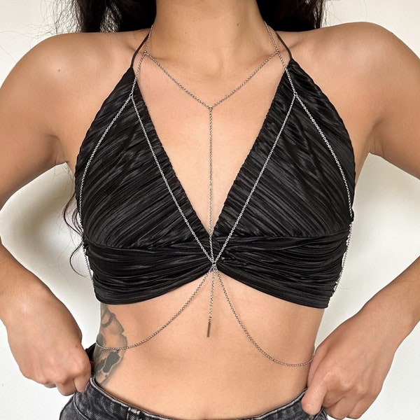 Handmade Plunge Body Chain Bra with Bar Charm, Non-Tarnish Stainless Steel