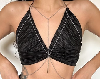 Stainless Steel Plunge Chain Bra Body Chain with Bar Charm in Gold or Silver, Handmade, Non-Tarnish