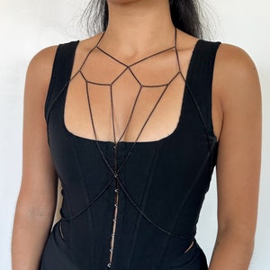 Black Stainless Steel Chain Bra Body Chain with Geometric Chest Design, Handmade, Non-Tarnish