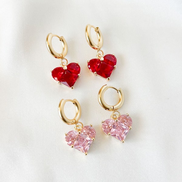 Red or Pink Valentine's Day Crystal Heart Huggie Hoop Earrings