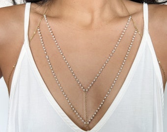 Stainless Steel Pearl Layered Chain Bra Body Chain, Handmade, Non-Tarnish, Imitation Pearl
