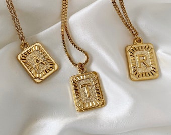 Gold Initial Letter Pendant Necklace, Square Alphabet Rectangle Medallion Pendant, Personalized, Boho, Kim Kardashian, Unisex, Men, Coin